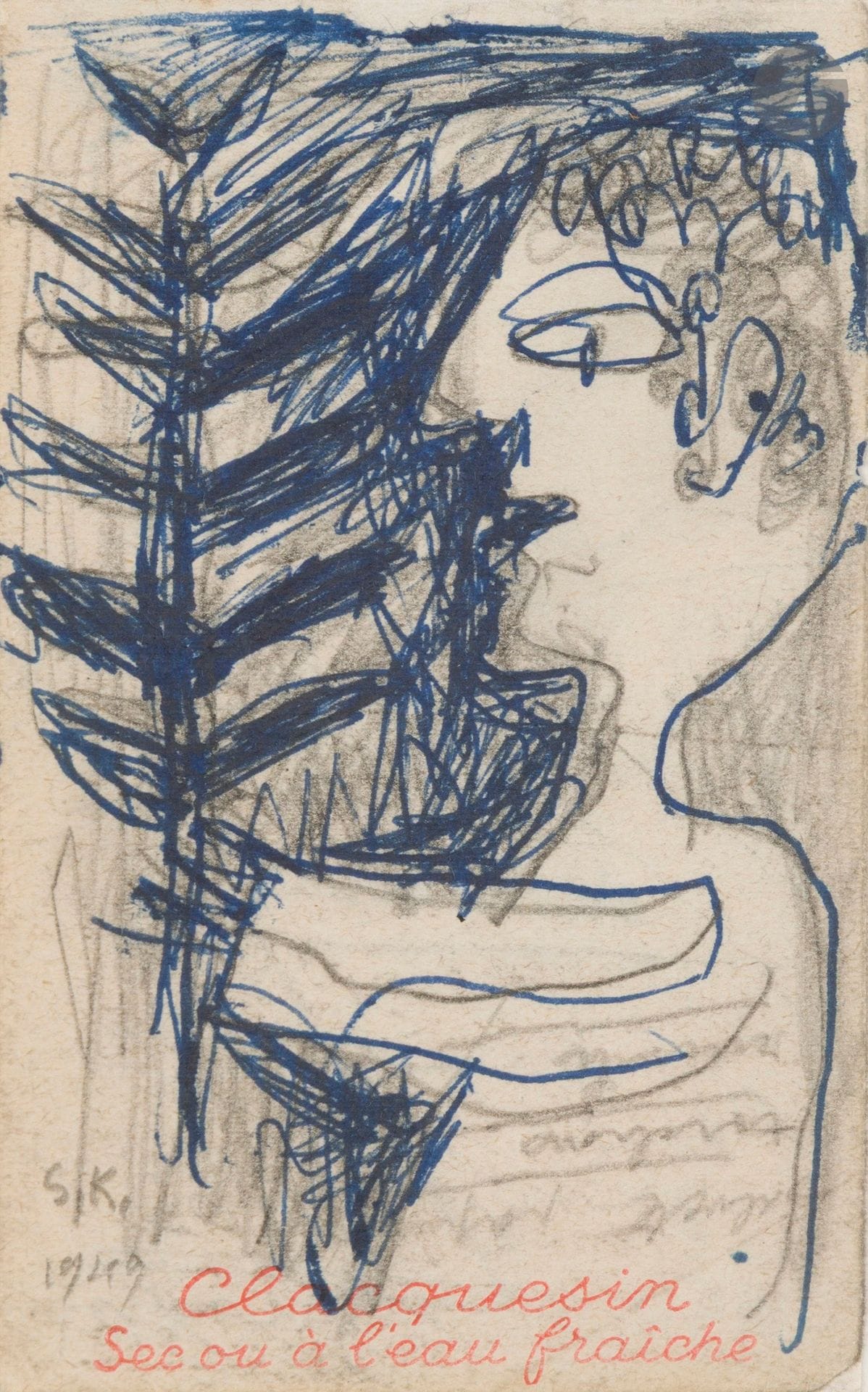 Slavko KOPAC [Croatian] (1913–1995)
Woman and Tree, 1949 – Female Figure
Pen, blue ink, and graphite – ink.
One is monogrammed and dated.
The other bears the studio sale stamp on the back.
18 x 13.5 cm - 30 x 21 cm