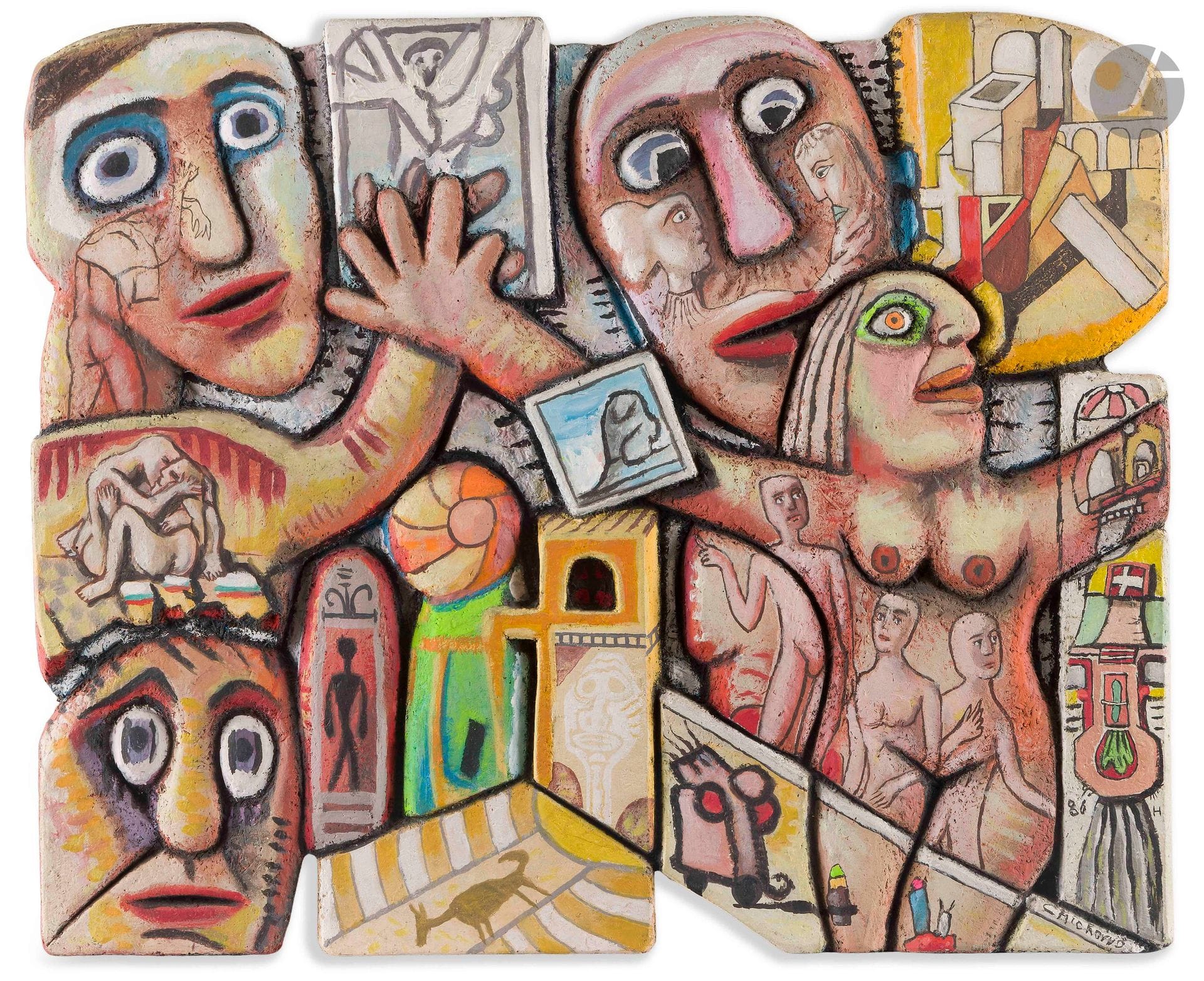 Mario CHICHORRO [portugais] (1932-2023)
Rencontre, 1986
Peinture sur panneau sculpté.
Signée et datée en bas à droite.
Titrée au dos.
52 x 64 cm