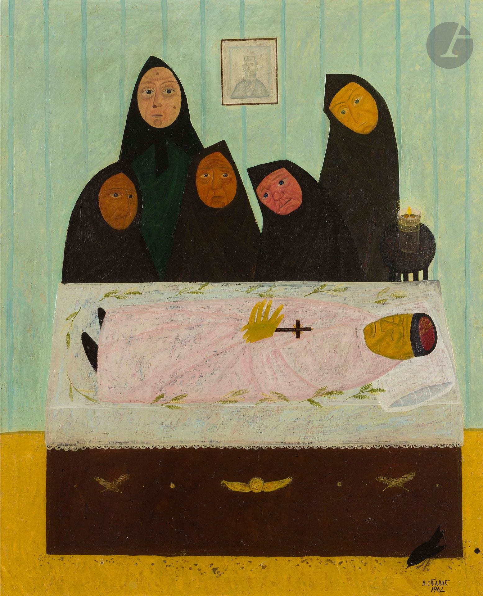 Vojo STANIC [monténégrin] (1924-2024)
La Veillée, 1962
Huile sur toile.
Signée en cyrillique et datée en bas à droite.
90 x 72 cm