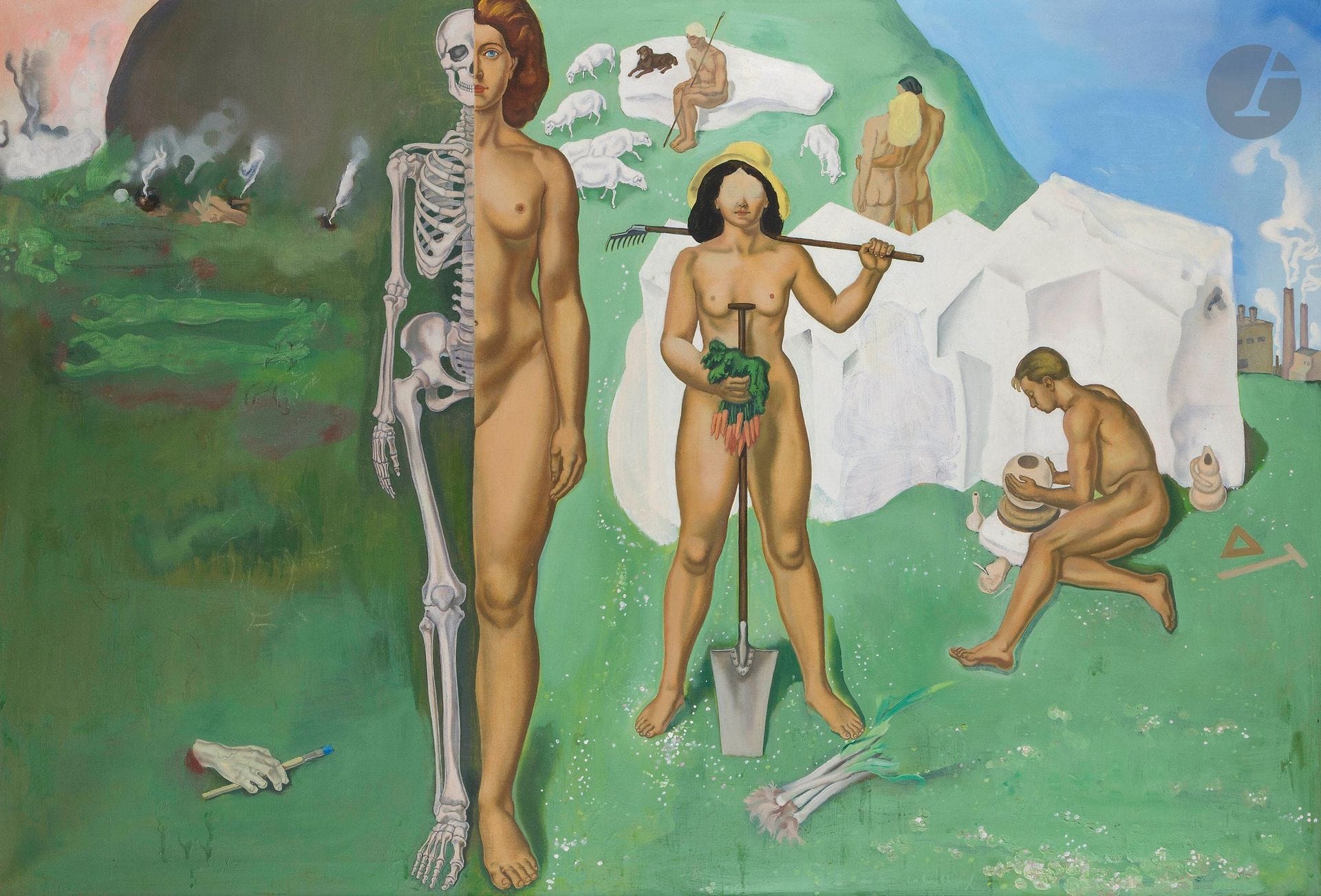 Louis Marie René CHOPRIX (1888–1972)
War and Peace, 1951
Oil on canvas.
Signed and titled on the back.
(Restored).
90 x 130 cm

Exhibition: 
Salon de la Paix, Musée de l'Art wallon, Liège, December 1–30, 1951 (label on the stretcher).