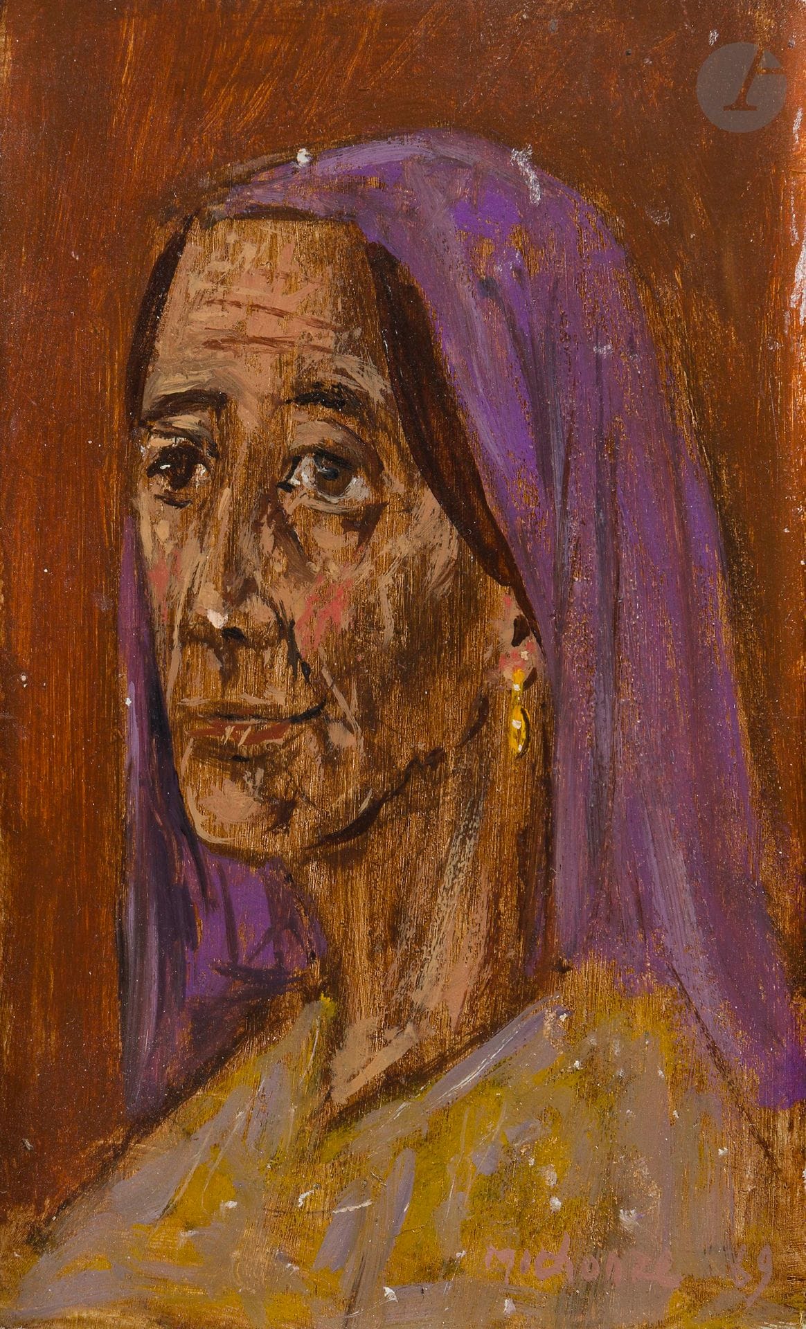 Grégoire MICHONZE (1902–1982)
Woman with a Mauve Veil, 1969
Oil on panel.
Signed and dated lower right.
16 x 10 cm