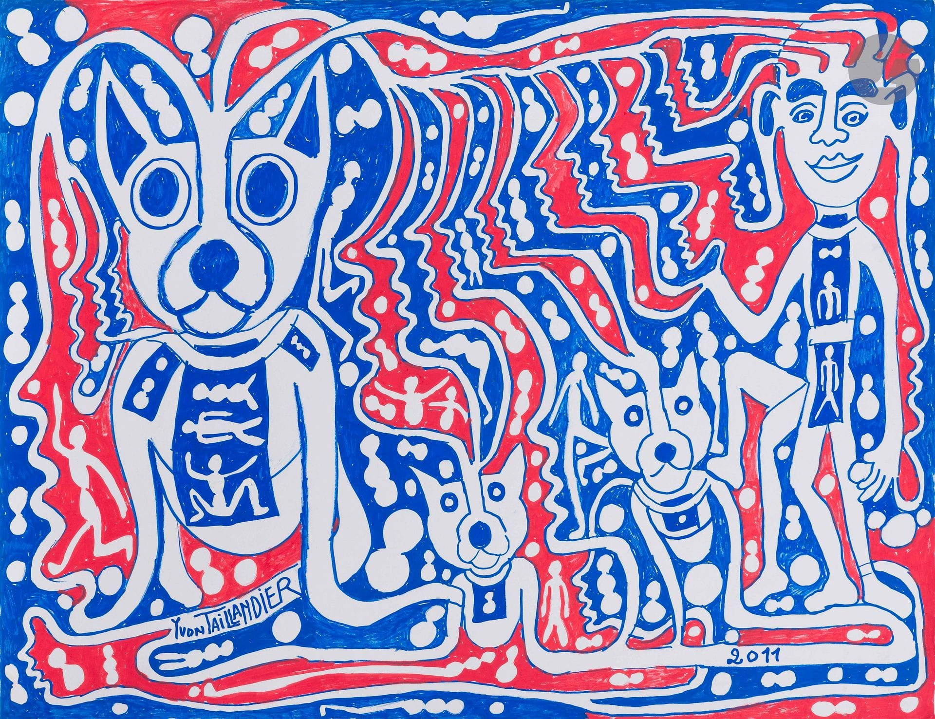 Yvon TAILLANDIER (1926-2018)
Personnage et ses trois chiens, 2011
Gouache sur papier.
Signée et datée dans la composition.
50 x 65 cm

Nous remercions l'association Les Amis d'Yvon Taillandier de nous avoir confirmé l'authenticité de cette œuvre.