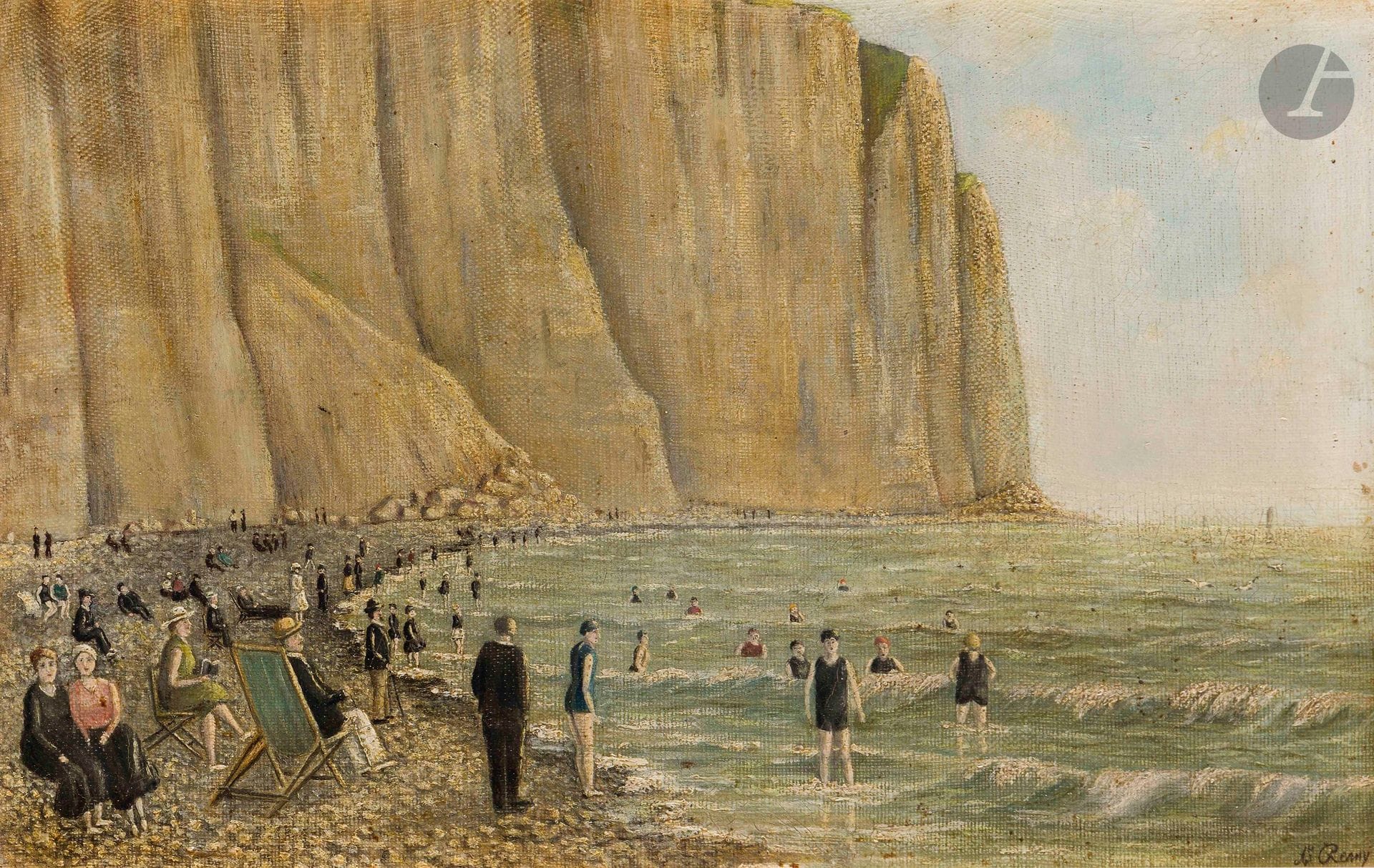 A.BE REMY (XIXe-XXe siècle)
Baignade au Tréport
Huile sur toile.
Signée en bas à droite.
(Rentoilée).
22 x 33 cm

Provenance : 
Vente Ader, Hôtel Drouot, Paris, 23 octobre 2020, n° 58.