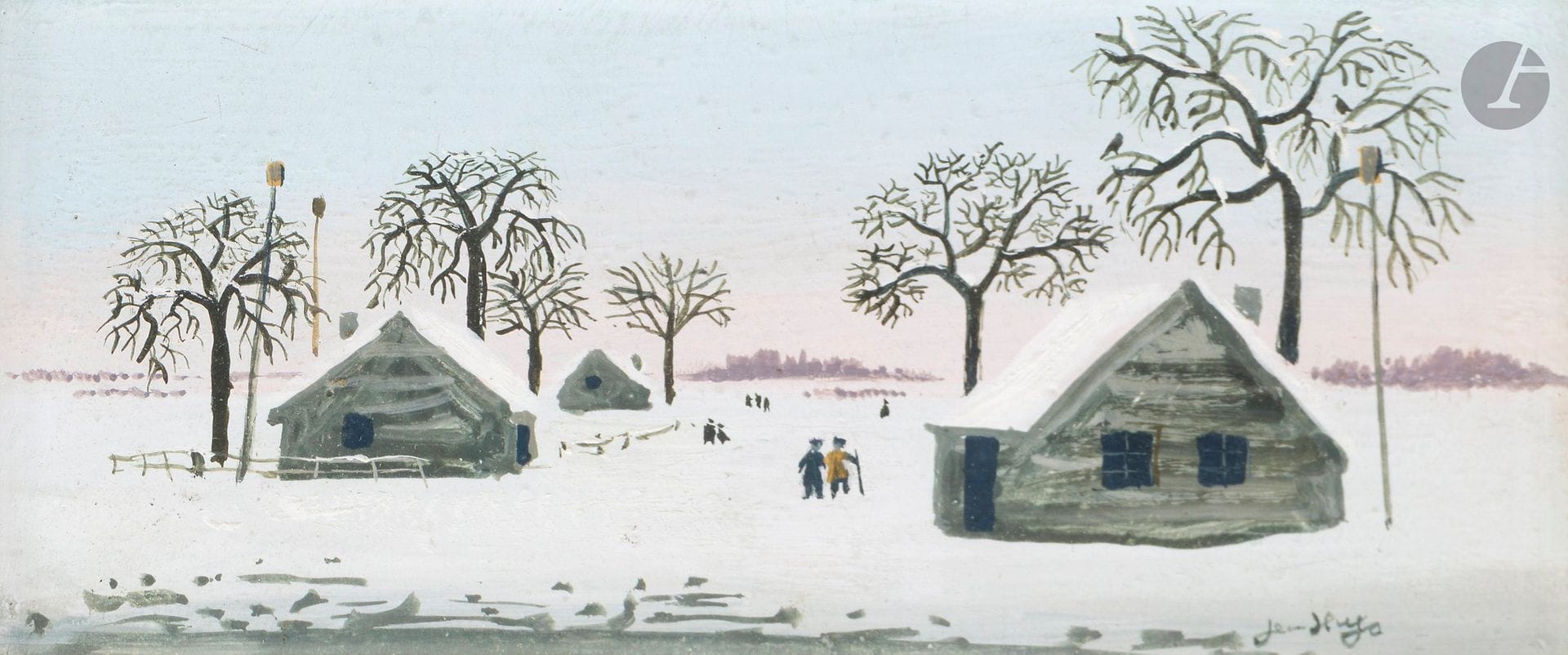 Jean HUGO (1894-1984)
Village enneigé en Russie, 1952
Gouache.
Signée en bas à droite.
Datée et située au dos. 
6 x 13,5 cm