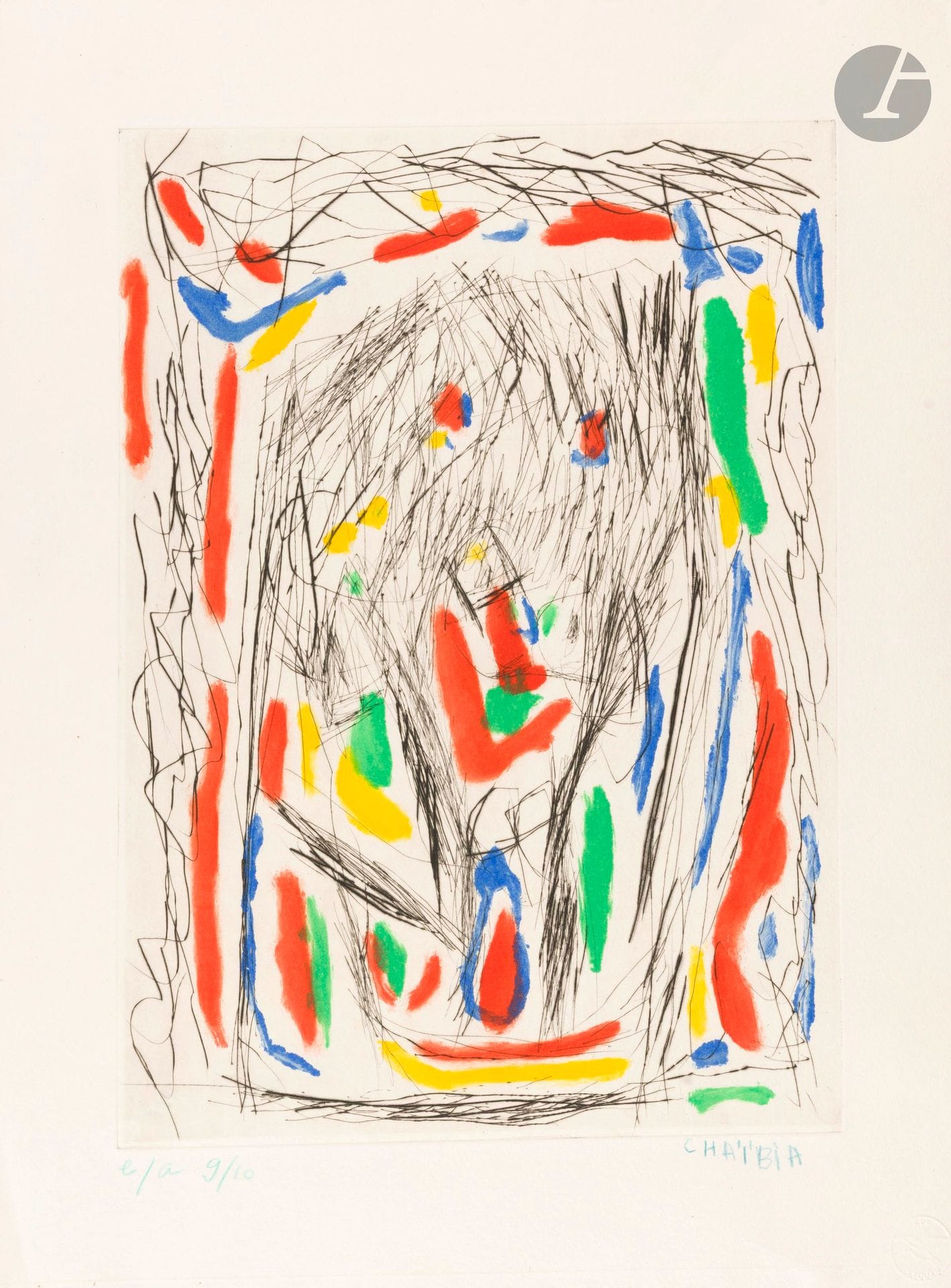 Chaïba TALAL [marocaine] (1929-2004)
Rêve de Tétouan
Eau-forte.
Signée en bas à droite.
Numérotée 9/10 EA.
(Plis).
48 x 37 cm 37,5 x 27 cm (sujet)