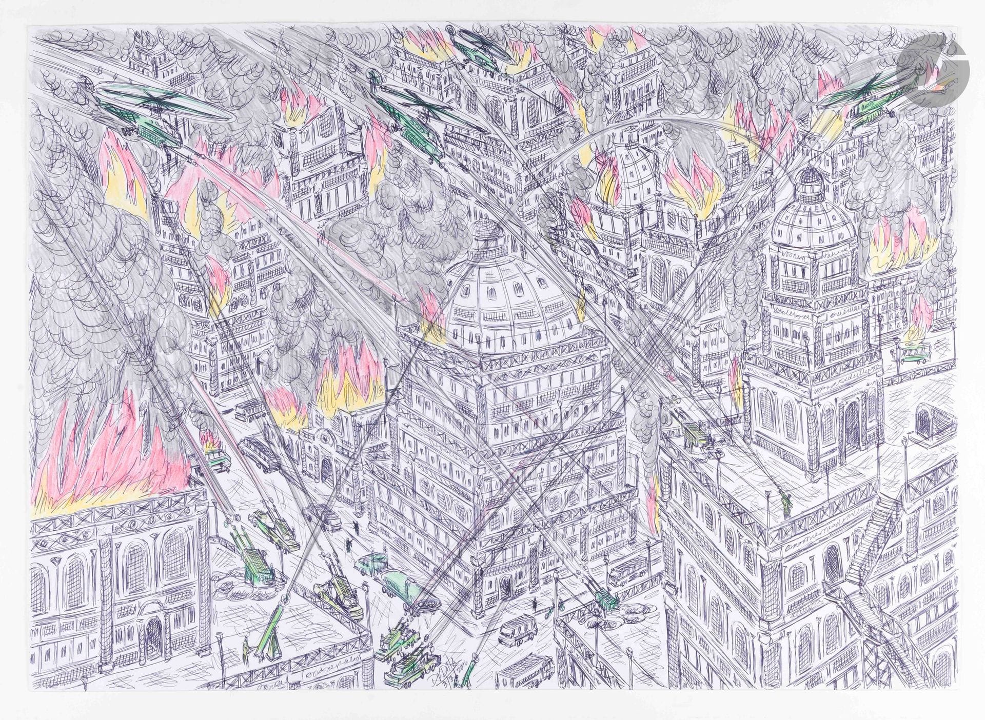 Damian VALDES DILLA [Cuban] (born in 1970)
The Burning City, 2016
Ballpoint pen, colored pencils, and graphite on paper.
Signed and dated at the bottom.
50 x 70 cm