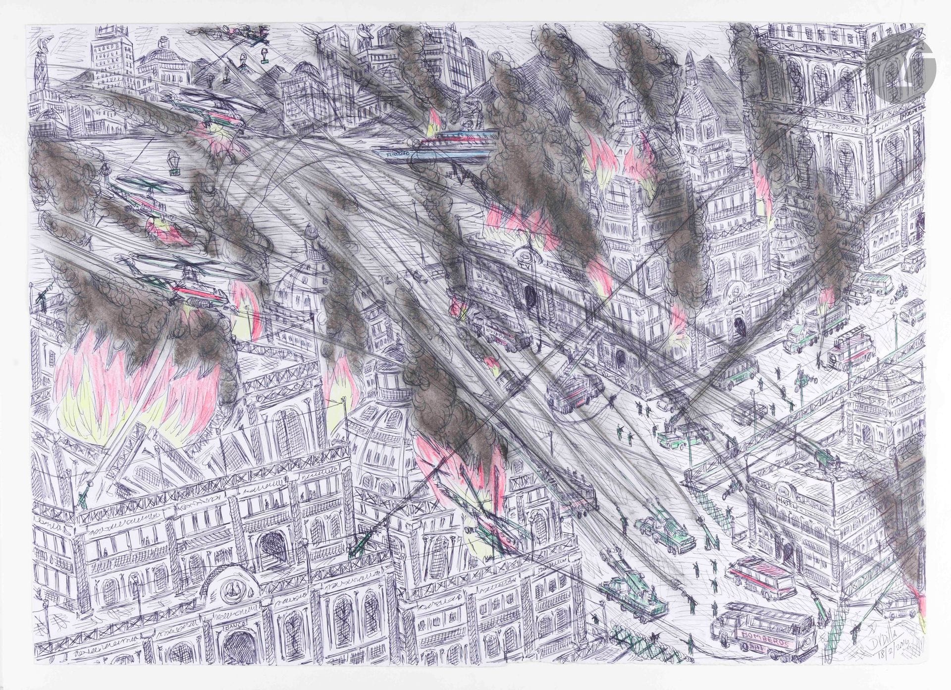 Damian VALDES DILLA [Cuban] (born in 1970)
The Burning City, 2016
Ballpoint pen, colored pencils, and graphite on paper.
Signed and dated lower right.
50 x 70 cm