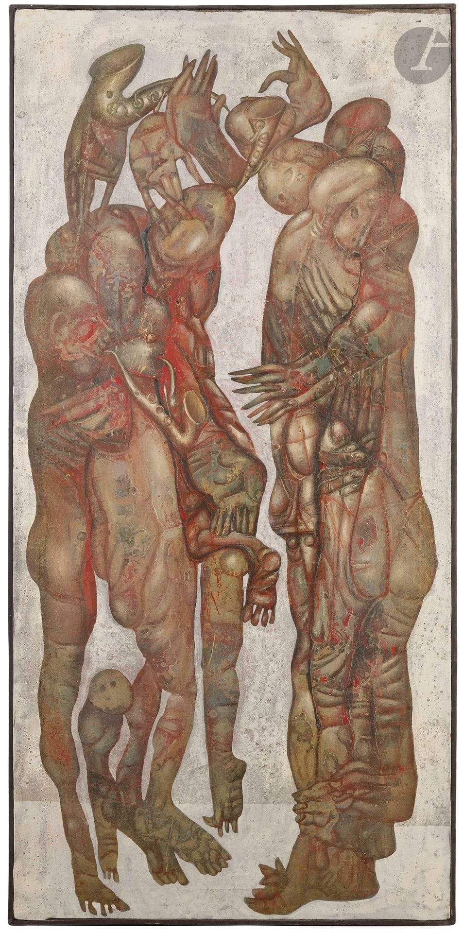 Youri Jarkikh JARKI (né en 1938)
Les Anges en vol, 1987
Huile sur toile.
Signée, datée, titrée et située au dos.
136 x 62 cm

Bibliographie : 
Jarki, Paris, Éditions Fragments, 2003, reproduit p. 20.

On joint la monographie Jarki, Paris, Editions Fragments, 2003 et la lithographie où l'on voit notre tableau sur la droite.

Nous remercions Madame Elena Garreis, fille de l'artiste, de nous avoir confirmé l'authenticité de cette œuvre.