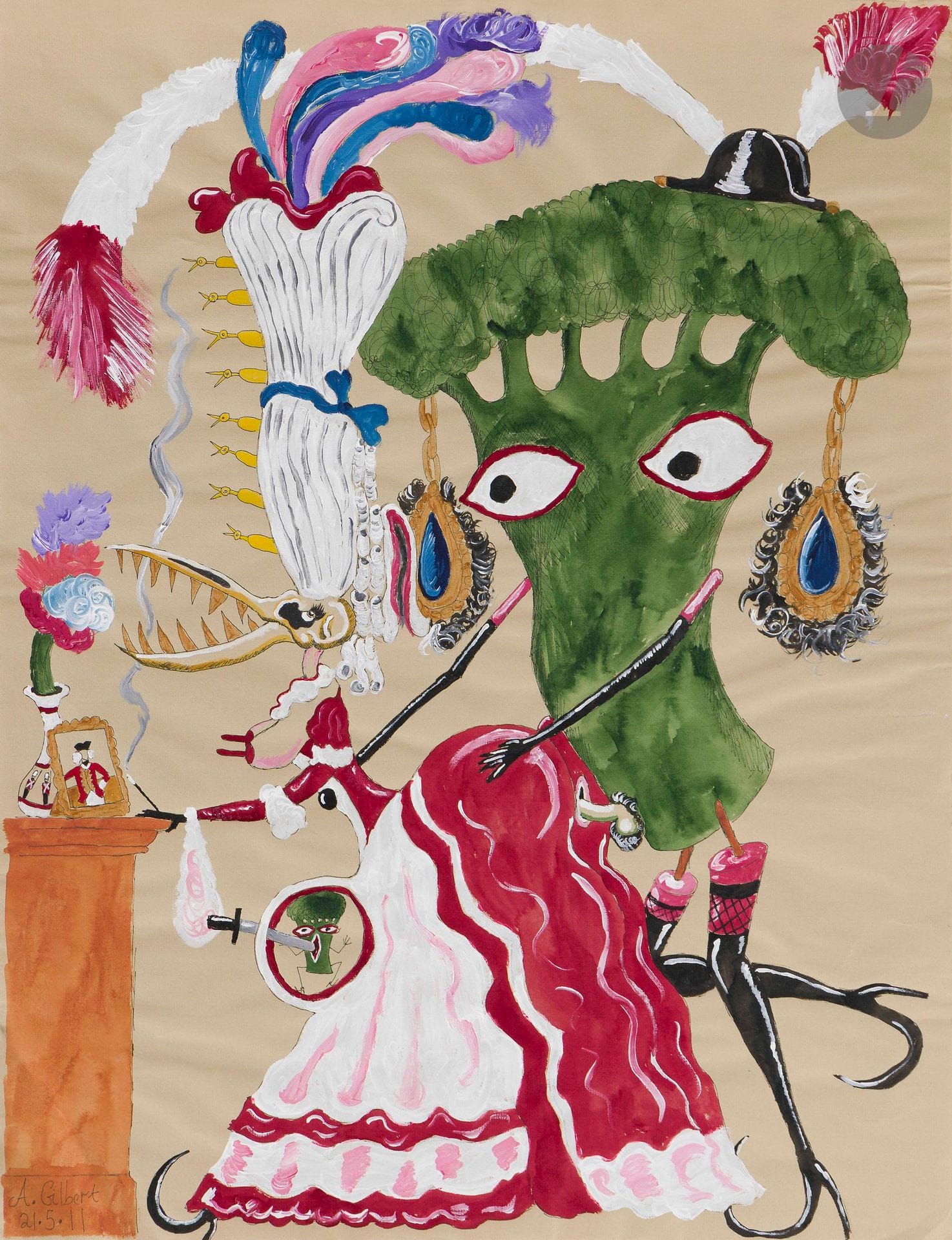Andrew GILBERT (born 1980)
Brocoli loves the General's Wife, 2011
Mixed media on paper.
Signed and dated lower left.
64 x 48 cm