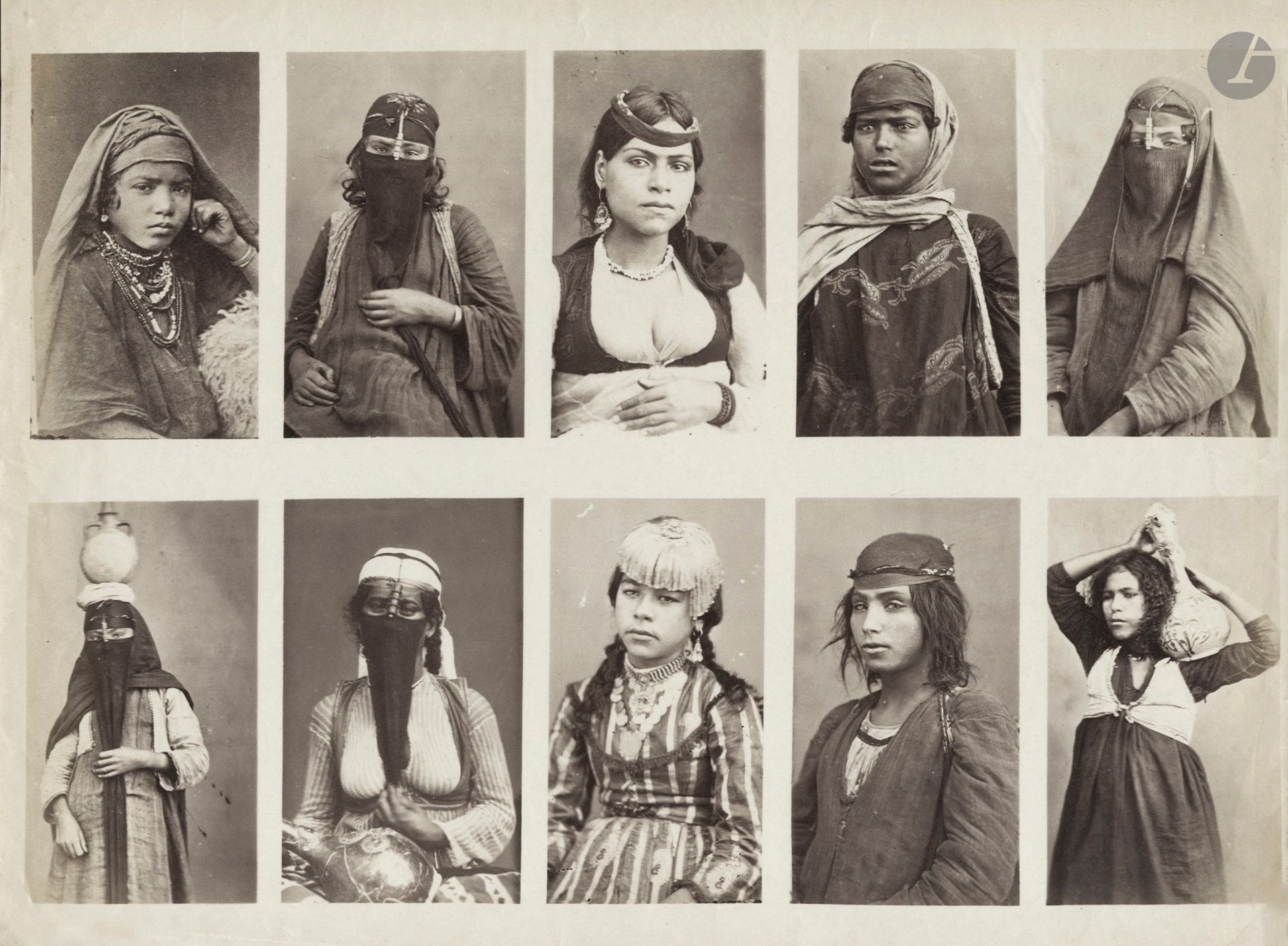 Unidentified photographer 
Egyptian Women [contact sheet of ten cartes-de-visite-sized views], c. 1880. 
Albumen print. 
21.5 x 29 cm