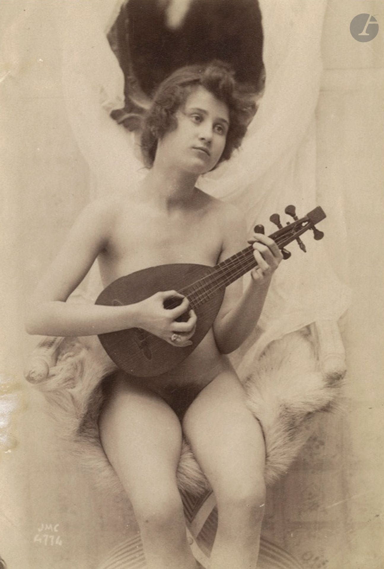 Josep Maria Canellas (1856-1902)
Female nudes with mandolin, c. 1890. 
Six albumen prints. Photographer's initials and reference numbers in the negatives. 
14.5 x 10 cm