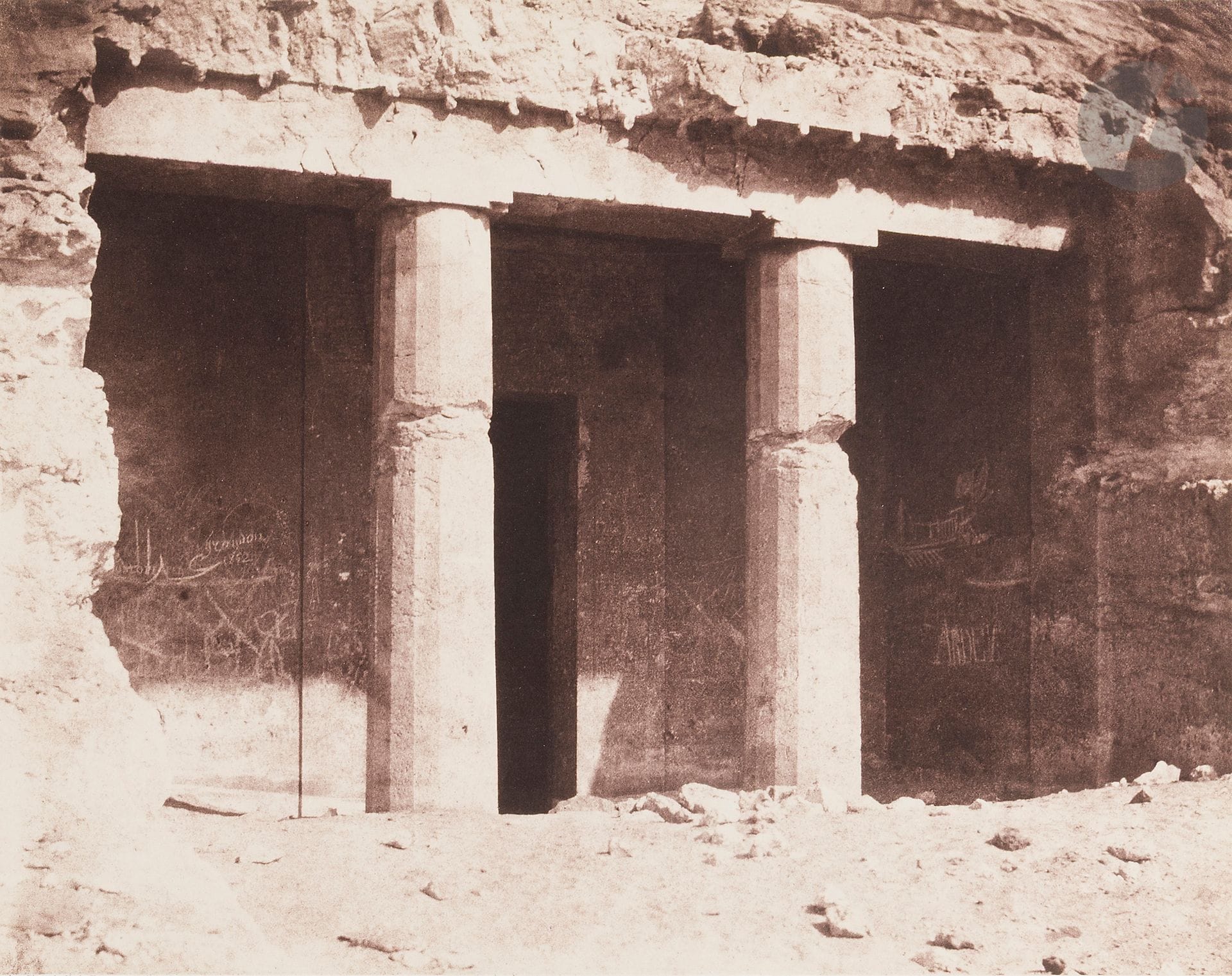Félix Teynard (1817-1892)
Égypte et Nubie, c. 1851-1852.
Béni-haçan. Architecture hypogéenne, tombeau de Névothph. Pl. 14.
Karnak (Thèbes). Palais - construction de granit - décoration sculptée et peinte, au point R. Pl. 61. 
Assouan (Syène). Carrières de granit - ancien système d’extraction. Pl. 81.
Dakkeh (Pselcis). Vue générale du temple. Pl. 127.
Quatre (4) épreuves sur papier salé, d’après négatifs papier, contrecollées sur cartons d’éditeur (Goupil - Imp. Phot. de H. Fonteny & Cie à Paris en 1851) avec légendes et crédit du photographe imprimés sur les montages.
Format moyen : 23,8 x 30,5 cm

Provenance : 
Collection François Lepage, Paris.