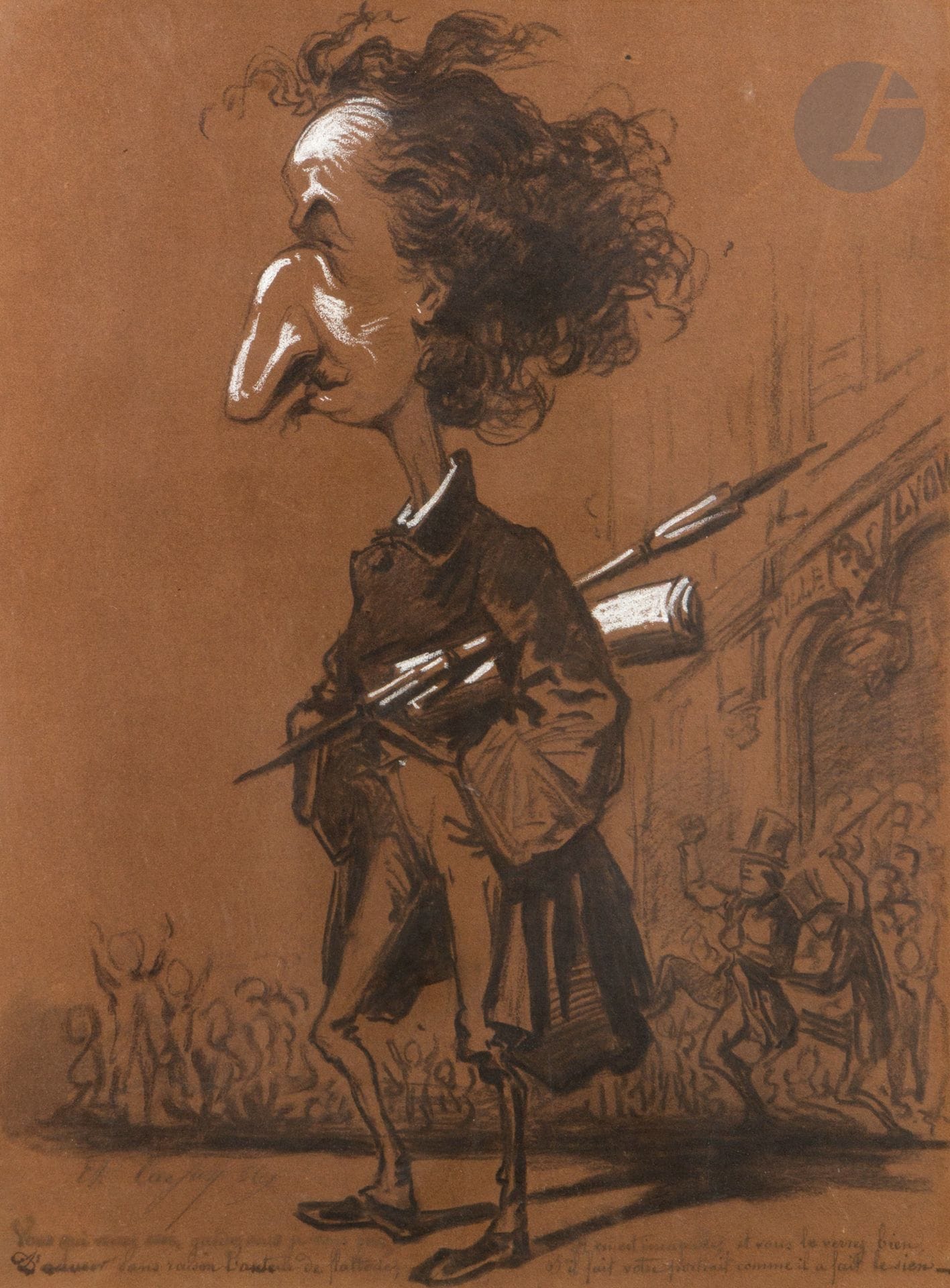 Étienne Carjat (1828-1906)
Autoportrait-charge (caricature), 1856. 
Dessin au fusain, estompe et rehauts de craie blanche sur papier brun, signé et daté en bas à gauche. Vers manuscrits de la main de Carjat en bas : « Vous qui verrez ceci, gardez-vous, je vous prie - D’accuser sans raison l’auteur de flatteries. Il en est incapable, et vous le verrez bien, S’il fait votre portrait comme il a fait le sien ». 
31,5 x 24 cm - cadre