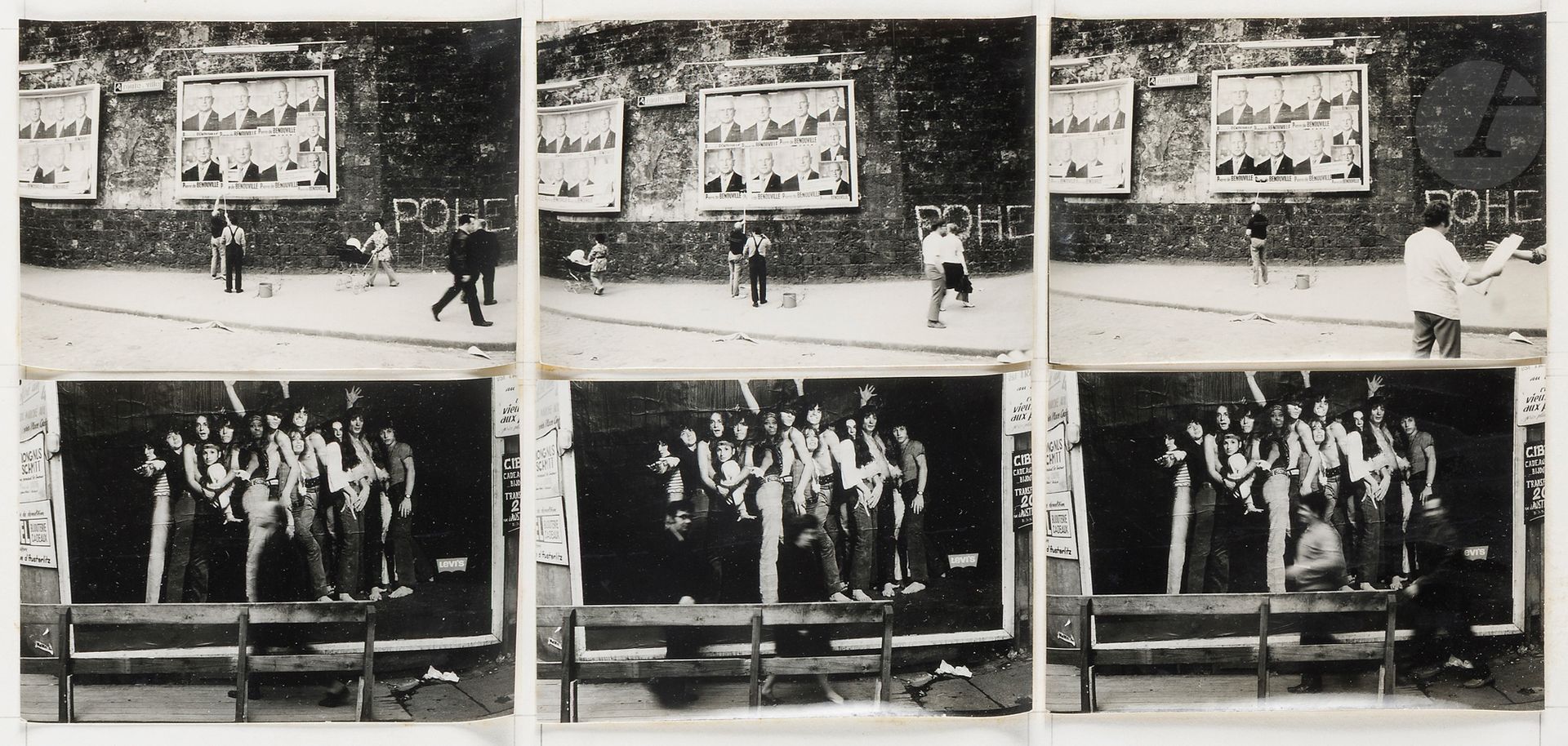 Jean-Louis Bloch-Lainé (1940) 
Affiches (Paris-Strasbourg), de la série Rue Vue, 1970. 
Partie de maquette du livre Rue Vue (publié par le Groupe de l’Immobilière-Constructions de Paris, 1970), composée de six (6) épreuves argentiques d’époque montées sur planche signée et datée au crayon en bas. Titre et tampon du photographe au verso. Un certificat d’authenticité signé par Jean-Louis Bloch-Lainé en 2010 accompagne l’œuvre. Pièce unique. 
Format de chaque épreuve : 7,5 x 11 cm 
Format de la composition : 15 x 34 cm - cadre