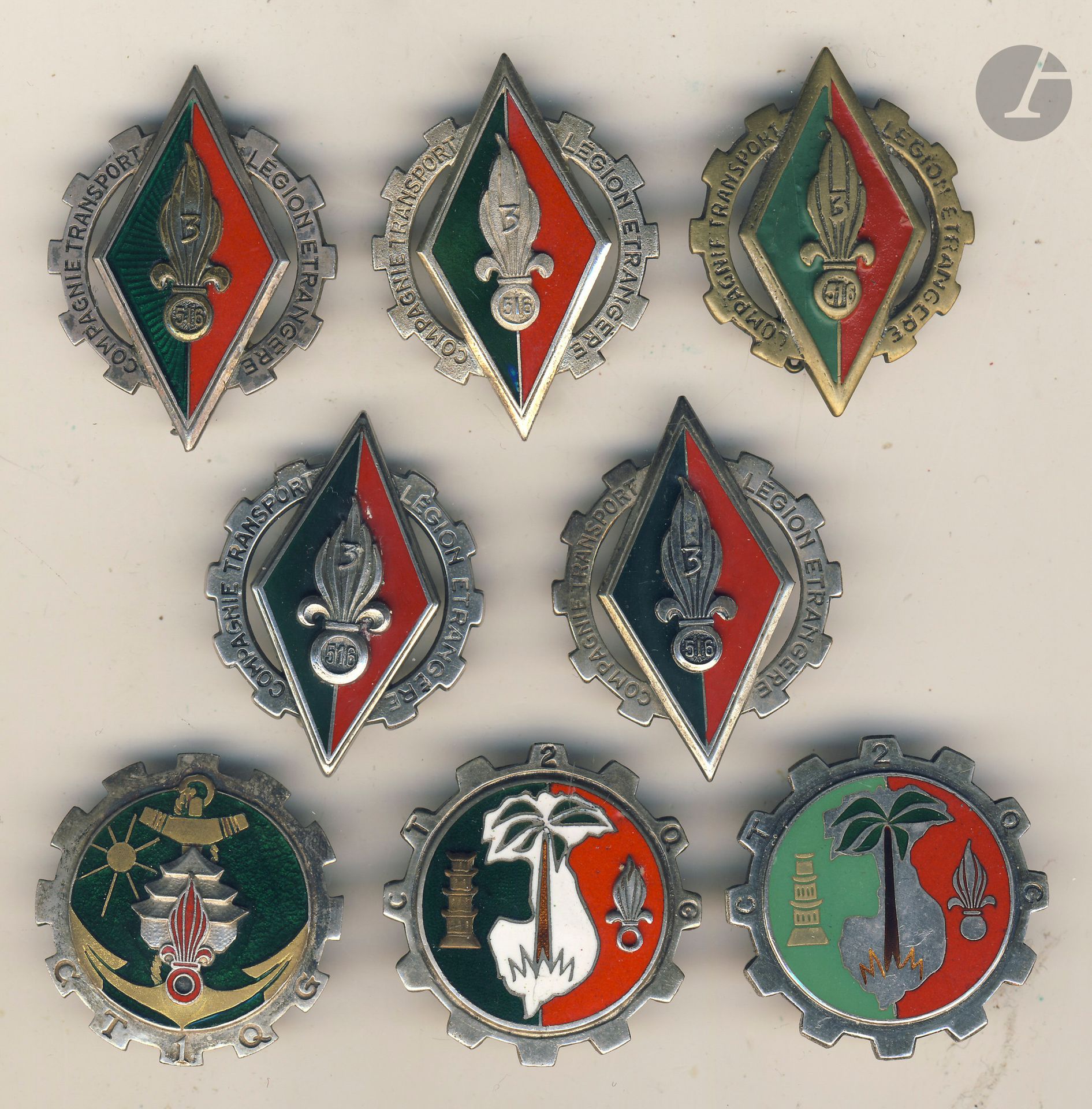 Lot de 8 insignes Drago dont 5 x CTLE/519 Olivier-Métra (1 en argent) et 1 surmoulage, 1ère CTQG Olivier-Métra, 2 x 2e CTQG Olivier-Métra, 2 x Drago numérotés
