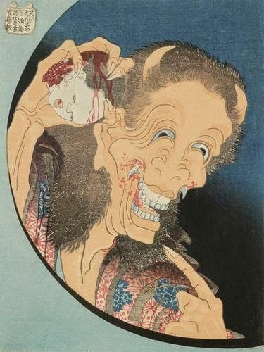 Katsushika Hokusai (1760-1849)
Warai Hannya (Démon femelle riant). Pl. de la suite Hyaku Monogatari (Cent contes de fantômes). Vers 1831-1832. Bois gravé. 183 x 242. Impression en couleurs. Très belle épreuve rognée au sujet, légèrement incomplète en pied.