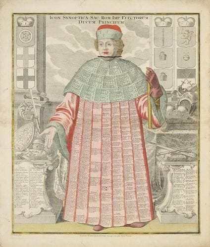 Tobias Konrad Lotter éditeur (1717-1777)
Icon synoptica Sac. Rom. Imp. electorum, ducum, principum. Vers 1775-1780. Gravé par E. Eichel d?après A. Scheller. [540 x 637]. Belle épreuve en beau coloris du temps. Trace d?encre postérieure à la base de la tête (atteinte révolutionnaire à la figure cléricale). Menues salissures claires. Courte déchirure habilement restaurée en pied. Toutes marges.