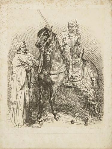 Théodore CHASSÉRIAU (1819-1856)
Arabe montant en selle. 1849. Vernis mou et roulette. 225 x 278. Fisher 27. Très belle épreuve sur chine appliqué, du 2e état (sur 4), avant publication dans L?Artiste (1849). Rousseurs éparses et petits accidents aux bords du feuillet.