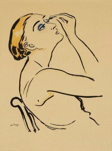 Kees van Dongen (1877-1968) (d?après)
Rimmel (femme se maquillant). 1920. Procédé photomécanique et pochoir. 195 x 250. Juffermans JM 1. Impression en couleurs. Belle épreuve sur vélin, oxydée, non numérotée. Pl. parue dans Cahiers d?Art, n° 5, 1920. Cadre.