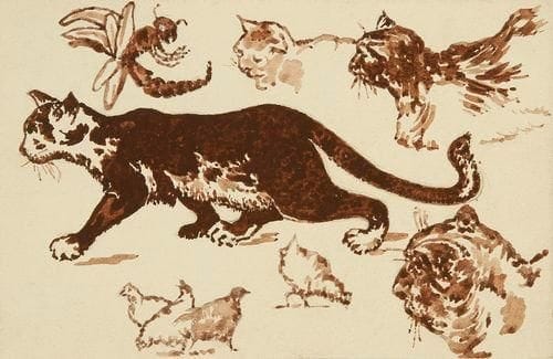 Gustave Frantzen (1863-1938)
Chats. Dessins et croquis (pris sur le vif). Vers 1880-1900. Un album oblong [320 x 240] contenant 7 dessins, plume et encre sépia, mine de plomb, fusain, 3 signés et datés (1886, 1880 et 1897), collés sur feuillets de vélin. L?un avec petits trous de perforeuse.