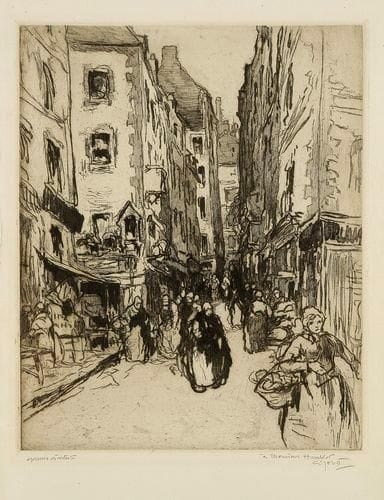 Georges GOBO (1876-1958)
La Rue lionnaise à Angers. 1909. Eau-forte. 265 x 323. I.F.F. 3. Très belle épreuve sur vergé ancien, annotée «epreuve d?artiste», dédicacée «à Monsieur Humblot» et signée à la mine de plomb. Toutes marges.