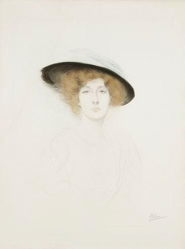 Paul-César HELLEU (1859-1927)
Le Chapeau à plumes ou Liane de Pougy. 1908. Pointe sèche. 455 x 575. Impression en couleurs. Très belle épreuve sur vélin blanc fort, soigneusement lavée, signée à la mine de plomb. Courte déchirure en tête, habilement restaurée. Toutes marges.