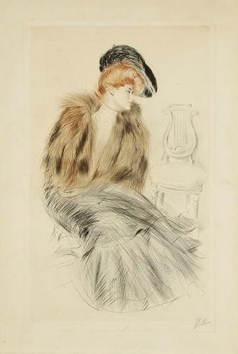Paul-César HELLEU (1859-1927)
Jeune femme assise en manteau de fourrure devant une chaise à dossier-lyre. Vers 1900. Pointe sèche. 330 x 540. Impression en couleurs. Belle épreuve sur vélin fort, signée à la mine de plomb. Quelques rousseurs claires. Traces claires d?oxydation à l?ouverture d?anciens montages. Restes d?ancien encadrement et épidermures au verso. Toutes marges.