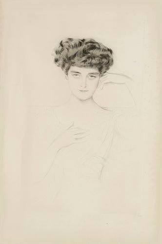 Paul-César HELLEU (1859-1927)
Jeune femme de face, une main à l?oreille, l?autre sur son coeur. Vers 1900. Pointe sèche. 348 x 570. Belle épreuve sur vélin, signée à la mine de plomb, légèrement oxydée. Restes d?ancien encadrement et épidermures au verso. Infimes manques et arrachements consécutifs aux bords du feuillet. Toutes marges.