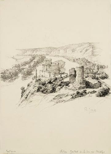 Charles JOUAS (1866-1942)
Focillon (Henri). Méandres; La Seine de Paris à Rouen. Paris, Société des amis des livres, 1938. Un volume in-4, en feuilles, sous couverture rempliée, chemise et étui de l?éditeur. Illustré de 41 eaux-fortes in- et hors-texte par Jouas (dernier ouvrage illustré par l?artiste). Exemplaire nominatif et numéroté, très frais, d?un tirage à 135 ex. Joint : 11 sujets pour le même ouvrage. Eau-forte. Chaque [210 x 285]. Parfaites et rares épreuves d?essai, avant réduction du cuivre, signées à la mine de plomb. Portefeuille toilé.