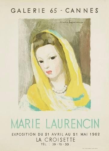 Marie Laurencin (1883-1956) (d?après)
Affiche pour la Galerie 65, Cannes. «Marie Laurencin». Exposition du 21 avril au 21 mai 1962. Lithographie. Desjobert imp. Très belle épreuve. Infime déchirure en pied. Toutes marges.