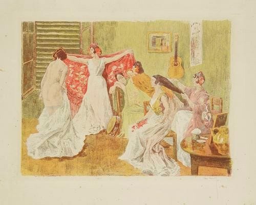 Alexandre LUNOIS (1863-1916)
Les Coulisses de l?Imparcial. Vers 1897. Lithographie. 422 x 316. I.F.F. 92-2. Impression en couleurs. Très belle épreuve sur vélin crème, signée à la mine de plomb. Rousseurs claires essentiellement marginales. Toutes marges.