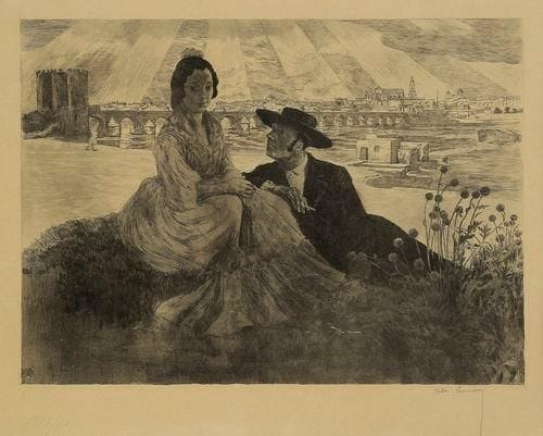 Alexandre LUNOIS (1863-1916)
Les «Novios» de Cordoba. 1903. Lithographie (et gravure au diamant). 380 x 275. I.F.F. 114. Belle épreuve d?essai sur vélin mince. Grandes marges. Cadre.
