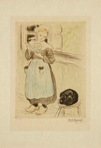 Emile MALO-RENAULT (1870-1938)
La Petite chatte, Fouesnant. Vers 1925. Pointe sèche. 202 x 278. Impression en couleurs. Très belle épreuve sur japon, numérotée et signée à la mine de plomb. Trace claire d?oxydation à l?ouverture d?un ancien montage. Minuscule point de rouille sous la signature. Toutes marges. Timbre sec : Ed. Sagot éditeur, Paris (Lugt 2254).
