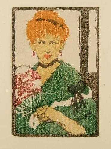 Ethel Mars (américaine, 1876-1959)
Woman with a Fan. 1904. Bois gravé. 100 x 143. Impression en couleurs. Très belle épreuve sur vergé, rognée au sujet, les angles arrondis.