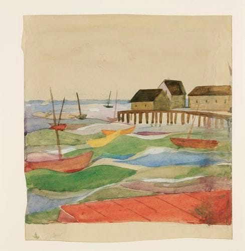 Ethel Mars (américaine, 1876-1959)
Provincetown. Vers 1916-1917. Aquarelle et traits de mine de plomb sur vélin mince, [280 x 310]. Bords du feuillet légèrement irréguliers. Esquisse à la mine de plomb et timbre de l?artiste au verso.