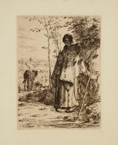 Jean-François MILLET (1814-1875)
La Grande bergère. 1862. Eau-forte. 237 x 318. Delteil 18. Superbe épreuve tirée en noir bistré sur vergé. Très légère auréole d?humidité en tête. Petits points de colle aux bords du feuillet au verso. Grandes marges.