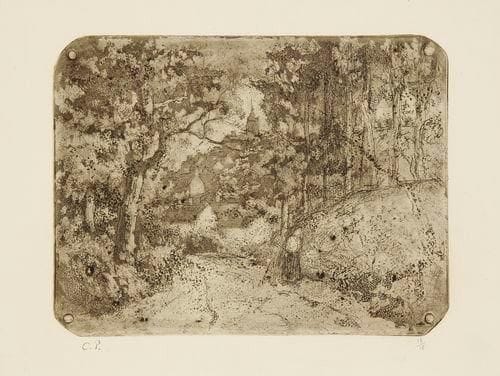 Camille PISSARRO (1830-1903)
Chemin sous bois, à Pontoise. 1879. Eau-forte et aquatinte sur zinc. 210 x 160. Delteil 19. Parfaite épreuve sur vergé, timbrée (Lugt 613f) et numérotée à la mine de plomb, l?une des 18 du tirage posthume. Toutes marges. Rare. Tirage total à environ 40 épreuves. 