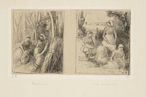 Camille PISSARRO (1830-1903)
Bûcheronnes; Groupe de paysannes. Vers 1896. Lithographie. 240 x 132. Delteil 164 et 165. Très belle épreuve des deux sujets tirés sur une seule feuille, sur vergé mince grisâtre appliqué, timbrée (Lugt 613f) et numérotée à la mine de plomb, puis titrée, l?une des 18 du tirage posthume effectué en 1923. Légère oxydation du support. Toutes marges. Rare. Tirage total à 29 épreuves. 