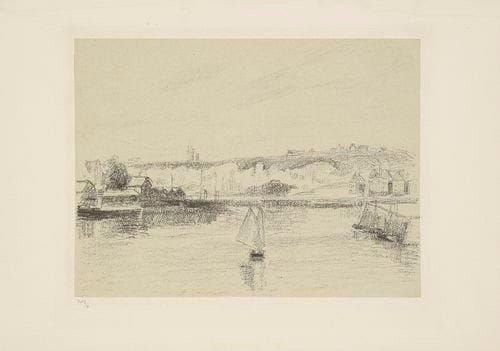 Camille PISSARRO (1830-1903)
L?Avant-port de Dieppe. Vers 1900. Autographie. 305 x 228. Delteil 193. Parfaite épreuve sur bulle verdâtre appliqué, numérotée à la mine de plomb, l?un des 6 tirées du vivant de l?artiste. Toutes marges. De toute rareté : il n?existe pas de tirage posthume de ce sujet.