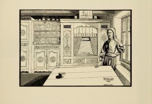 René QUILLIVIC (1879-1969)
Kelou Fal Plouhinec. 1916. Bois gravé. 415 x 282. Très belle épreuve sur japon, non signée. Pli oblique en pied du feuillet. Toutes marges.