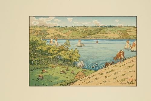 Henri RIVIERE (1864-1951)
Le Trieux à Kermarie. (Le Beau pays de Bretagne, pl. 15). 1912. Lithographie. 353 x 229. Fields p. 79. Impression en couleurs. Parfaite épreuve sur vélin mince glacé. Toutes marges.