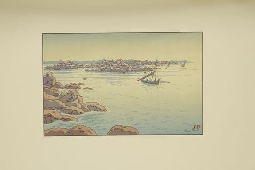 Henri RIVIERE (1864-1951)
L?Entrée du port de Ploumanac?h. (Le Beau Pays de Bretagne, pl. 17). 1914. Lithographie. 353 x 230. Fields p. 79. Impression en couleurs. Très belle épreuve sur vélin ivoire. Plis souples de manipulation. Toutes marges.
