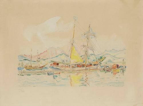 Paul Signac (1863-1935) (d?après)
Voiliers à Ajaccio. Vers 1950-1960. Procédé Spitzer. 420 x 275. Impression en couleurs. Très belle épreuve sur vélin, légèrement oxydée, numérotée à la mine de plomb et revêtue du timbre de l?éditeur. Petite auréole d?humidité dans l?angle inférieur droit. Toutes marges. Cadre.