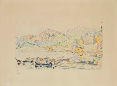 Paul Signac (1863-1935) (d?après)
Port de pêche en Corse. Vers 1950-1960. Procédé Spitzer. 425 x 250. Impression en couleurs. Très belle épreuve sur vélin, légèrement oxydée, numérotée à la mine de plomb et revêtue du timbre de l?éditeur. Toutes marges. Cadre.