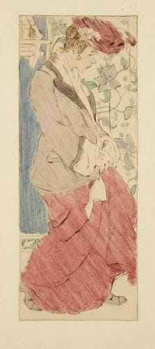 Maud Hunt Squire (américaine, 1873-1954)
Femme en chapeau et robe violets. Vers 1906-1907. Pointe sèche. 87 x 232. Superbe épreuve sur japon, largement aquarellée. Minuscules rousseurs en tête. Toutes marges.