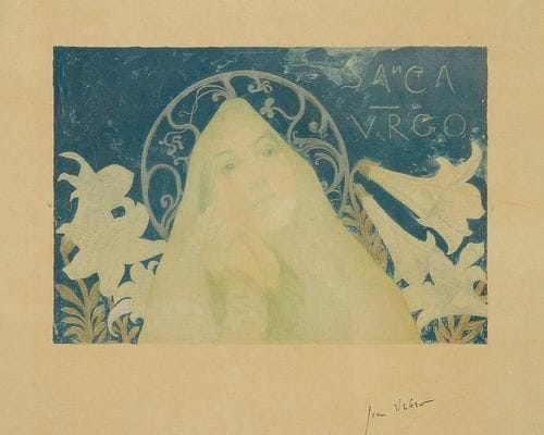 Jean VEBER (1864-1928)
Sancta Virgo. 1894. Lithographie. 275 x 188. Veber et Lacroix 4. Impression en couleurs. Très belle épreuve sur japon, l?une des 25 avant lettre, signée à la plume et à l?encre. Légère oxydation. Déchirure au bord droit, pénétrant dans le sujet, habilement restaurée. Grandes marges. Cadre.