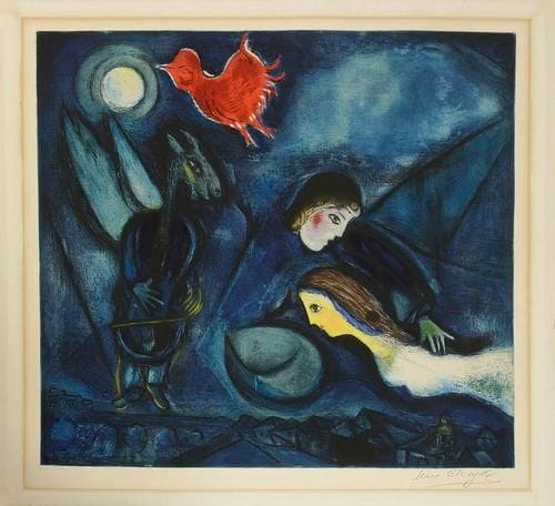 Marc Chagall (1887-1985) (d?après)
[Amoureux volant et coq rouge]. 1944. Eau-forte et aquatinte. 520 x 468. Impression en couleurs. Belle épreuve sur vélin, signée à la mine de plomb par Chagall. Forte trace d?oxydation autour du sujet. Restes d?ancien encadrement aux bords du feuillet au verso. Belles marges.