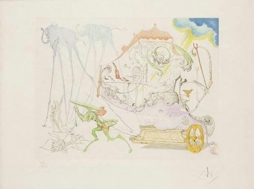 Salvador DALI (1904-1989)
Dionysos. 1967. Eau-forte et aquatinte en collaboration avec Rigal. 475 x 365. Michler et Löpsinger 188 c. Impression en couleurs. Parfaite épreuve, l?une des 100 sur japon nacré, numérotée et signée à la mine de plomb. Toutes marges. Cadre.