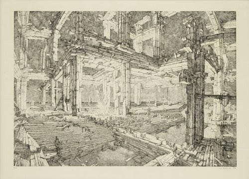 Érik DESMAZIÉRES (né en 1948)
Le Feu. 1973. Eau-forte. 675 x 475. Fitch-Febvrel 8. Épreuve sur vélin, numérotée, signée et datée à la mine de plomb. Infimes rousseurs claires. Tirage à 90 épreuves. Cadre.