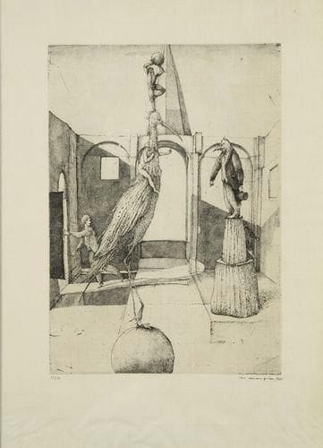 Érik DESMAZIÉRES (né en 1948)
Un Ibis désobéissant. (Les Caprices, pl. 2). 1988. Eau-forte et roulette. 205 x 293. Fitch-Febvrel 105. Épreuve sur vergé ancien, numérotée, signée et datée à la plume et à l?encre. Fortes ondulations en pied du feuillet. Tirage à 90 épreuves. Cadre.